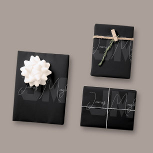 Moderner Name und Monogramm   Grau und Schwarz Geschenkpapier Set