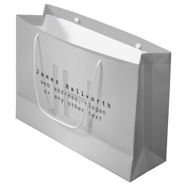 Moderner Name und Slogan | Grau Gradient Große Geschenktüte (Vorderseite Schrägansicht)