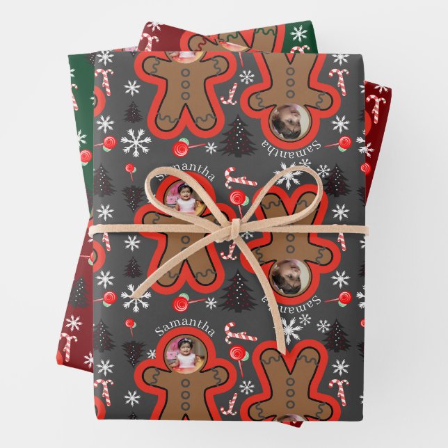 Moderner Name Zwei Foto Weihnachtsgebäck Mann 3 Geschenkpapier Set (Beispiel)