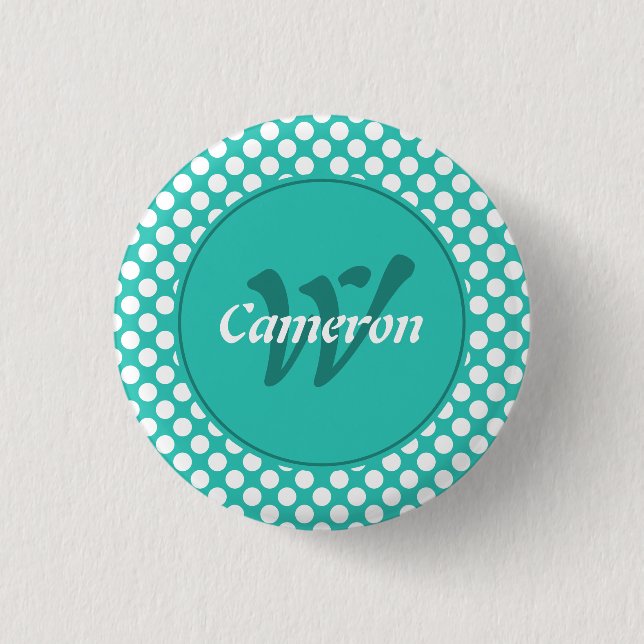 Moderner Namensinitial-Türkis-Weiß-Punkte Button (Vorderseite)