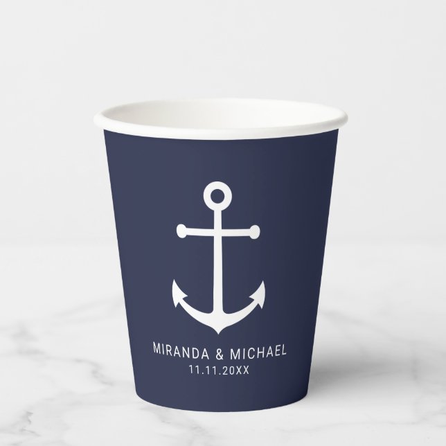 Moderner Nautical Navy Blue Anchor Wedding Paper C Pappbecher (Vorderseite)