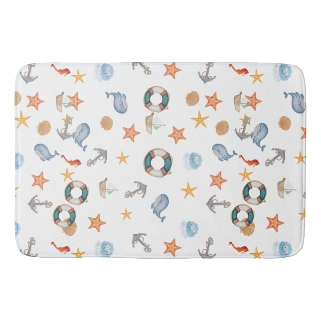 Moderner nautischer Oktopus-Strandanker weiß Badematte (Vorderseite)