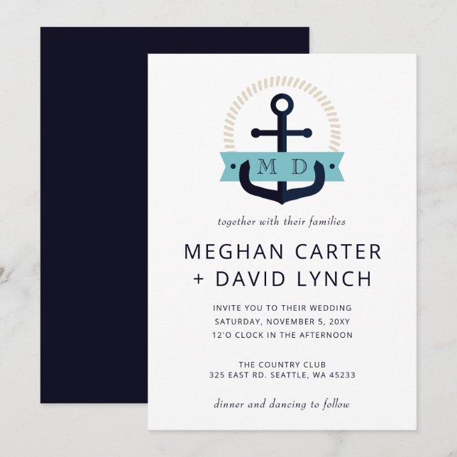 Moderner Navy Anchor Nautical Monogram Wedding Inv Einladung (Vorne/Hinten)