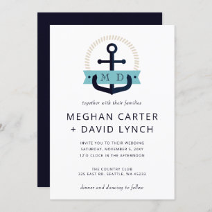 Moderner Navy Anchor Nautical Monogram Wedding Inv Einladung