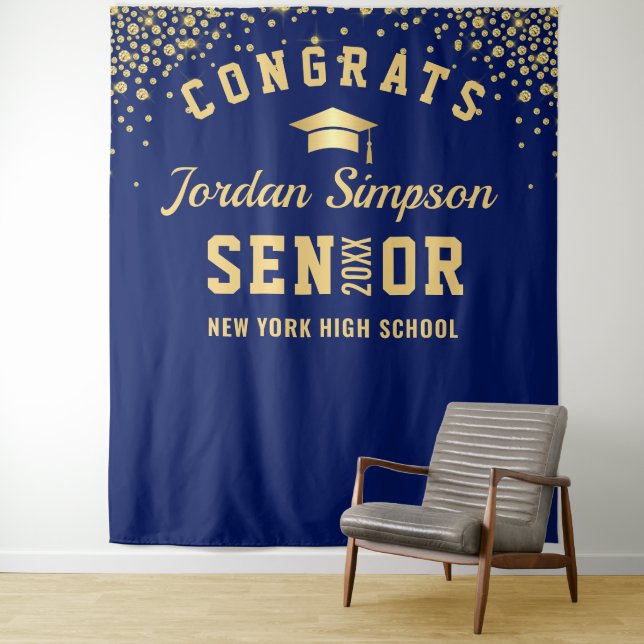 Moderner Navy Blue Abschluss Foto Stand Hintergrun Wandteppich (Beispiel)
