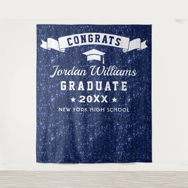 Moderner Navy Blue Abschluss Foto Stand Hintergrun Wandteppich (Vorderseite)