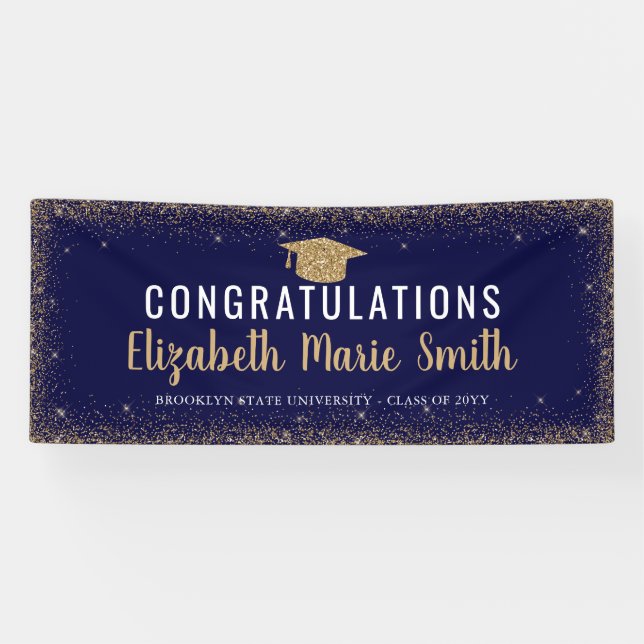 Moderner Navy Blue Gold Glitzer Grad Cap Abschluss Banner (Horizontal)