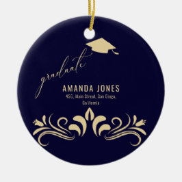 Moderner Navy Blue Gold Grad Cap Abschluss Keramik Ornament