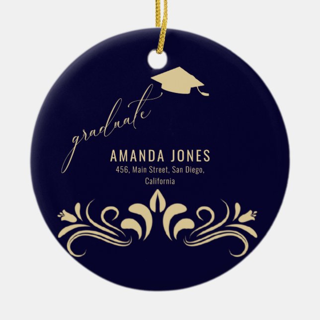 Moderner Navy Blue Gold Grad Cap Abschluss Keramik Ornament (Vorne)