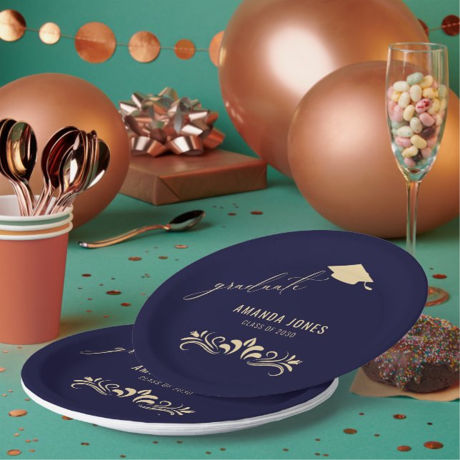 Moderner Navy Blue Gold Grad Cap Abschluss Pappteller (Multi)