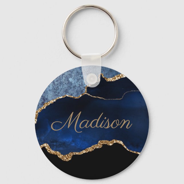 Moderner Navy Blue Gold Marmor Glitzer Vorname Schlüsselanhänger (Vorderseite)