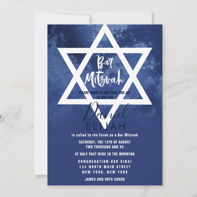 Moderner Navy Blue Grunge Star von David Bar Mitzv Einladung (Vorderseite)