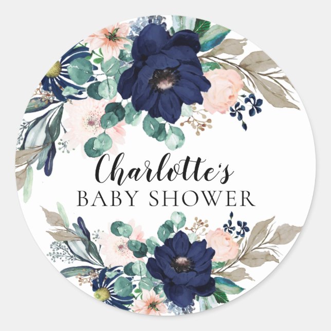 Moderner Navy Blush Floral Baby Dusche Umschlag Au Runder Aufkleber (Vorderseite)