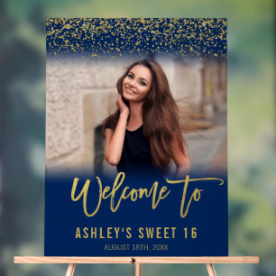 Moderner Navy Gold Glitzer Sweet 16 Foto Willkomme Acrylschild