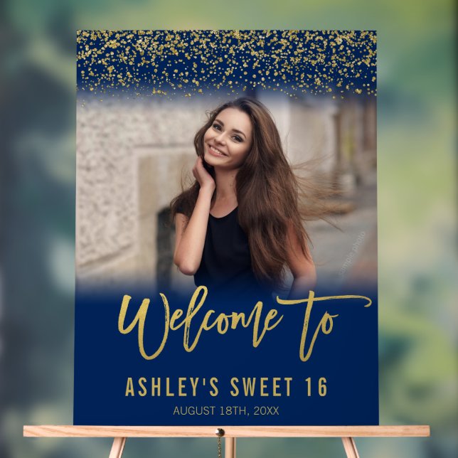 Moderner Navy Gold Glitzer Sweet 16 Foto Willkomme Acrylschild (Neutral)