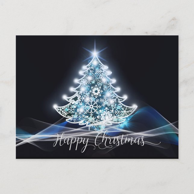 Moderner Neon Glow Schwarz-weiß Blauer Weihnachtsb Postkarte (Vorderseite)