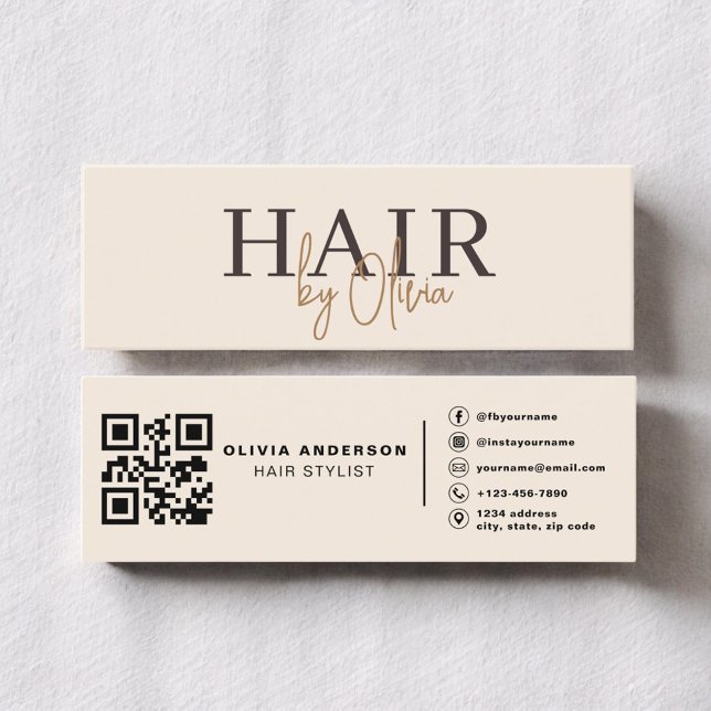 Moderner neutraler Beige QR-Code Hairstylist Mini Visitenkarte (Von Creator hochgeladen)
