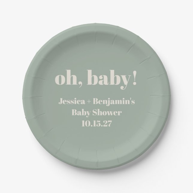 Moderner Niedlich Sage Green Baby Dusche Individue Pappteller (Vorderseite)