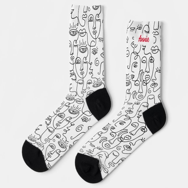 Moderner Niedlicher Abstrakter Name der Schwarz-we Socken (Linkes Detail)