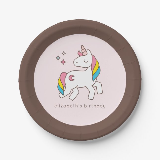 Moderner Niedlicher Regenbogen Unicorn mit Glitzer Pappteller (Vorderseite)