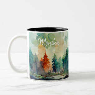 Moderner Niedlicher Wasserfarbenfroher Pinienwald Zweifarbige Tasse
