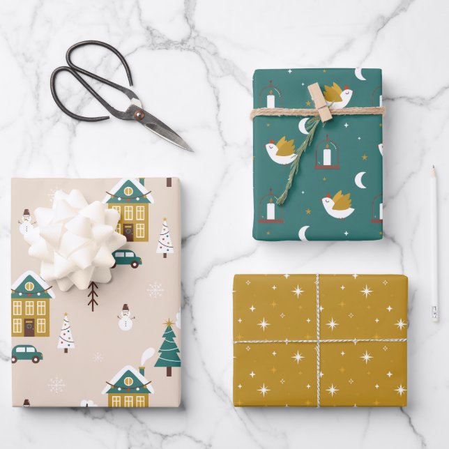 Moderner Niedlicher Weihnachtsschneemann & Taube Geschenkpapier Set (Vorderseite)