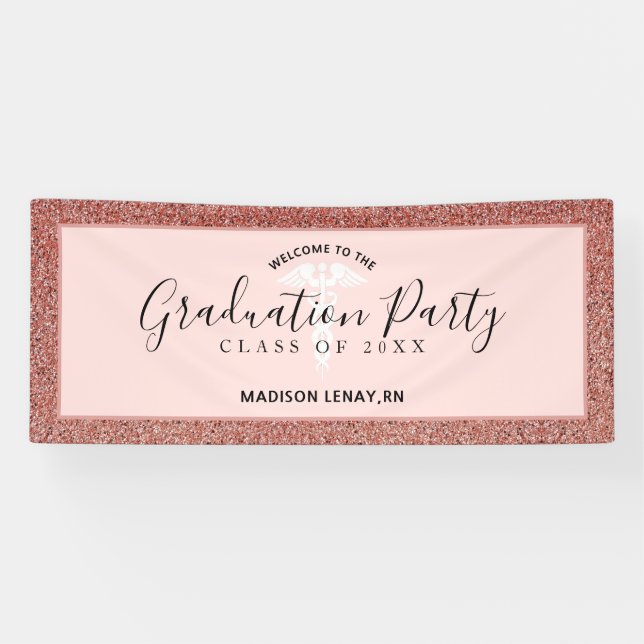 Moderner Nurse Abschluss Rose Gold Glitzer Name Banner (Horizontal)