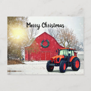 Moderner Orange Traktor in Barnyard Weihnachten Postkarte