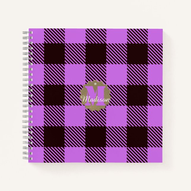 Moderner Orchid Black Kariert Tartan Personalisier Notizbuch (Vorderseite)