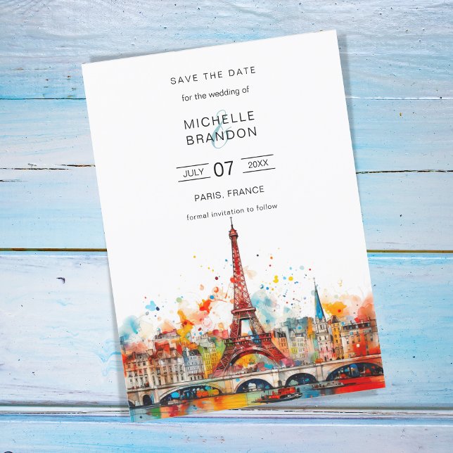 Moderner Pariser Eiffelturm Hochzeit in Urlaubsort Einladung (eiffel tower paris colorful watercolor)