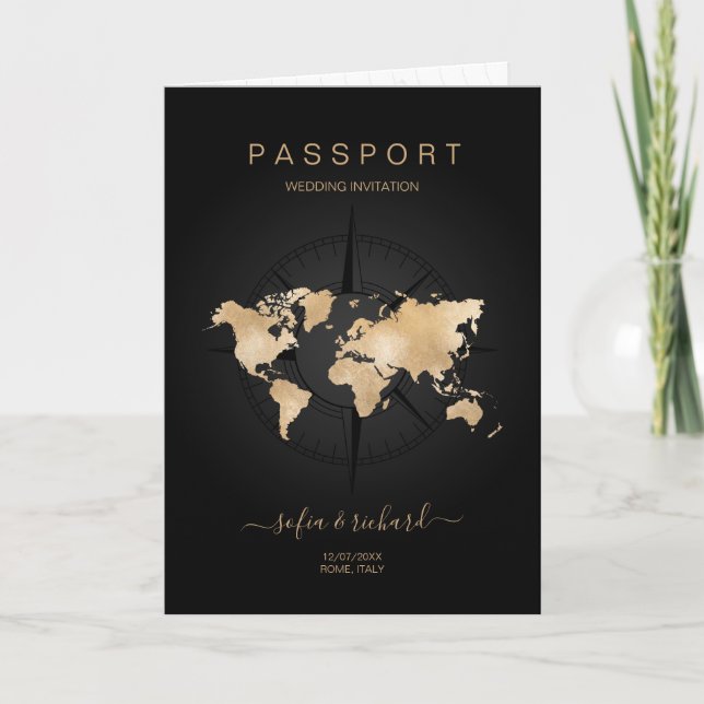 Moderner Passport-Kompass für Hochzeit in Urlaubso Einladung (Vorderseite)
