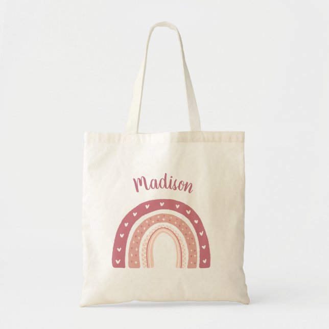 Moderner Pastell Pink Rainbow Personalisiert Tragetasche (Vorne)