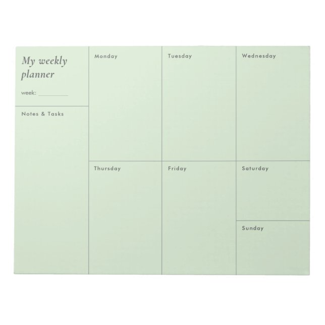 Moderner, pastellgrüner minimalistischer Wochenpla Notizblock (Vorderseite)