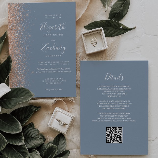 Moderner Peach Glitzer Dusty Blue QR Code Hochzeit Einladung (Von Creator hochgeladen)