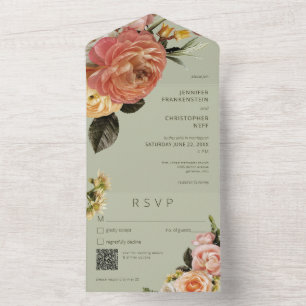 Moderner Peach Mimosa Blumengrün QR-Code All In One Einladung