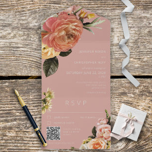 Moderner Peach Mimosa Floral Pink QR Code All In One Einladung