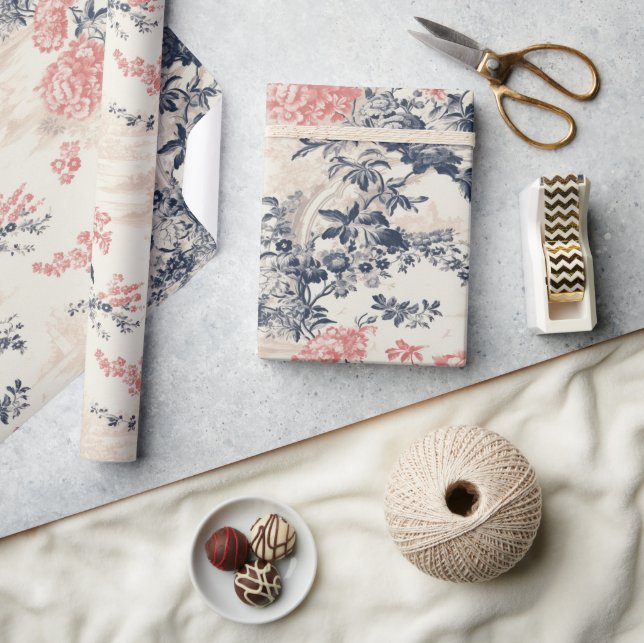 Moderner Peoney Blauleng Toile de Jouy Pattern Geschenkpapier (Kunsthandwerk)