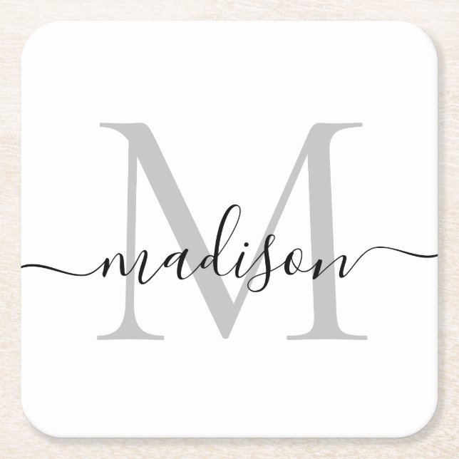Moderner Personalisiert-grauer Monogram-Skriptname Rechteckiger Pappuntersetzer (Vorderseite)