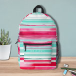 Moderner Personalisierter Cyan Magenta-Name Bedruckter Rucksack<br><div class="desc">Moderne Preppy Cyan Magenta Watercolor Stripe Muster Personalisierte Name Backpacks mit Ihrem personalisierten Namen,  Monogramm oder Initalien in einer einfachen Skripttypografie auf einem modernen cyan und mageneta Aquarellhintergrund. Ideal für die Rückkehr in die Schule,  Sport,  Fitnessraum und mehr. Entworfen von ©Evco Studio www.zazzle.com/store/evcostudio</div>