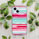 Moderner Personalisierter Cyan Magenta-Name Case-Mate iPhone Hülle<br><div class="desc">Modernes Preppy Cyan Magenta Watercolor Stripe Muster Personalisiert Name iPhone 15 Hüllen bietet Ihren personalisierten Namen, Monogramm oder Initalien in einer einfachen Skripttypografie auf einem modernen cyan und mageneta Wasserfarbe Streifen Hintergrund. Perfektes Geschenk für sie zum Geburtstag, Mutter zum Muttertag, Schwester oder Bestie für Weihnachten und Feiertage. Entworfen von ©Evco...</div>