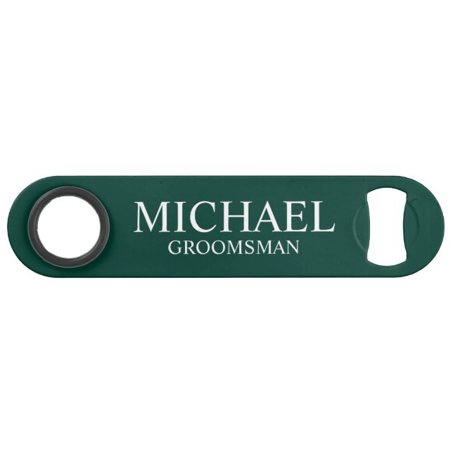 Moderner Personalisierter Emerald Green Trauzeuge Speed Flaschenöffner (Vorderseite (Horizontal))