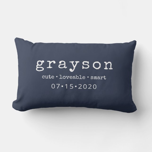 Moderner Personalisierter Name Birthdate Blue Lendenkissen (Vorderseite)