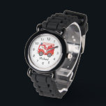 Moderner Personalisierter Name für den Rotfeuerzug Armbanduhr<br><div class="desc">Diese personalisierte Feuerwehrwache wird jeden jungen Feuerwehrmann in der Ausbildung begeistern. Lass ihnen, dass sie sich jedes Mal, wenn sie auf die Zeit schauen, wie ein echter Held fühlen. Die kräftige rote Farbe und das detaillierte Design des Feuerwehrwagens werden ihre Fantasie einfangen und ihnen ein besonderes Gefühl geben. Und mit...</div>