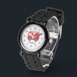 Moderner Personalisierter Name für den Rotfeuerzug Armbanduhr<br><div class="desc">Diese personalisierte Feuerwehrwache wird jeden jungen Feuerwehrmann in der Ausbildung begeistern. Lass ihnen, dass sie sich jedes Mal, wenn sie auf die Zeit schauen, wie ein echter Held fühlen. Die kräftige rote Farbe und das detaillierte Design des Feuerwehrwagens werden ihre Fantasie einfangen und ihnen ein besonderes Gefühl geben. Und mit...</div>