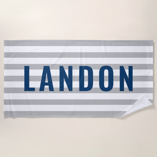 Moderner Personalisierter Name Navy Gray Strip Strandtuch (Vorderseite)
