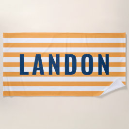 Moderner Personalisierter Name Navy Orange Striche Strandtuch
