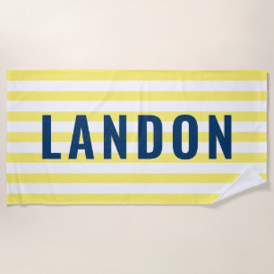 Moderner Personalisierter Name Navy Yellow Strip Strandtuch