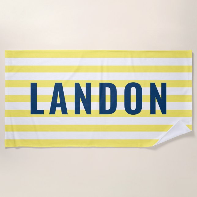 Moderner Personalisierter Name Navy Yellow Strip Strandtuch (Vorderseite)