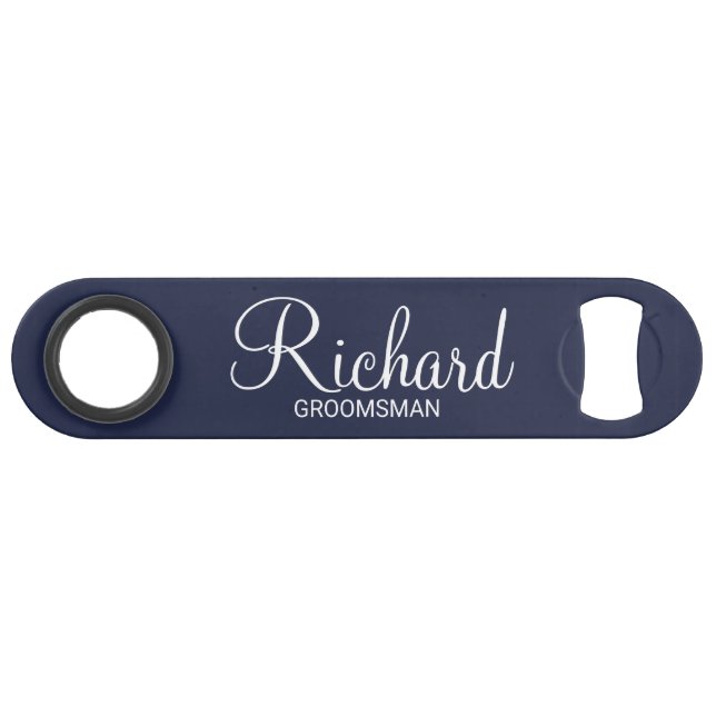Moderner Personalisierter Navy-Blue-Trauzeuge Speed Flaschenöffner (Vorderseite (Horizontal))