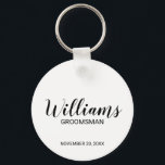 Moderner Personalisierter Trauzeuge für Skripte Schlüsselanhänger<br><div class="desc">Personalisierte Trauzeuge Geschenke mit dem Namen des personalisierten Trauzeugen im modernen,  schwarz-Script-Schriftart-Stil mit Titel und Hochzeitsdatum in modernen Sans Serif Schriftart Stil auf weißem Hintergrund. Auch perfekt für Trauzeuge,  Brautvater,  Brautjungfrau,  Trauzeugin,  Brautmutter und mehr.</div>